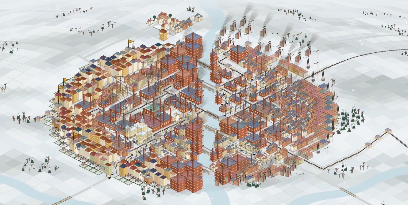 The town in the winter of 1928: an industrial city of works, terraces and railways under snow